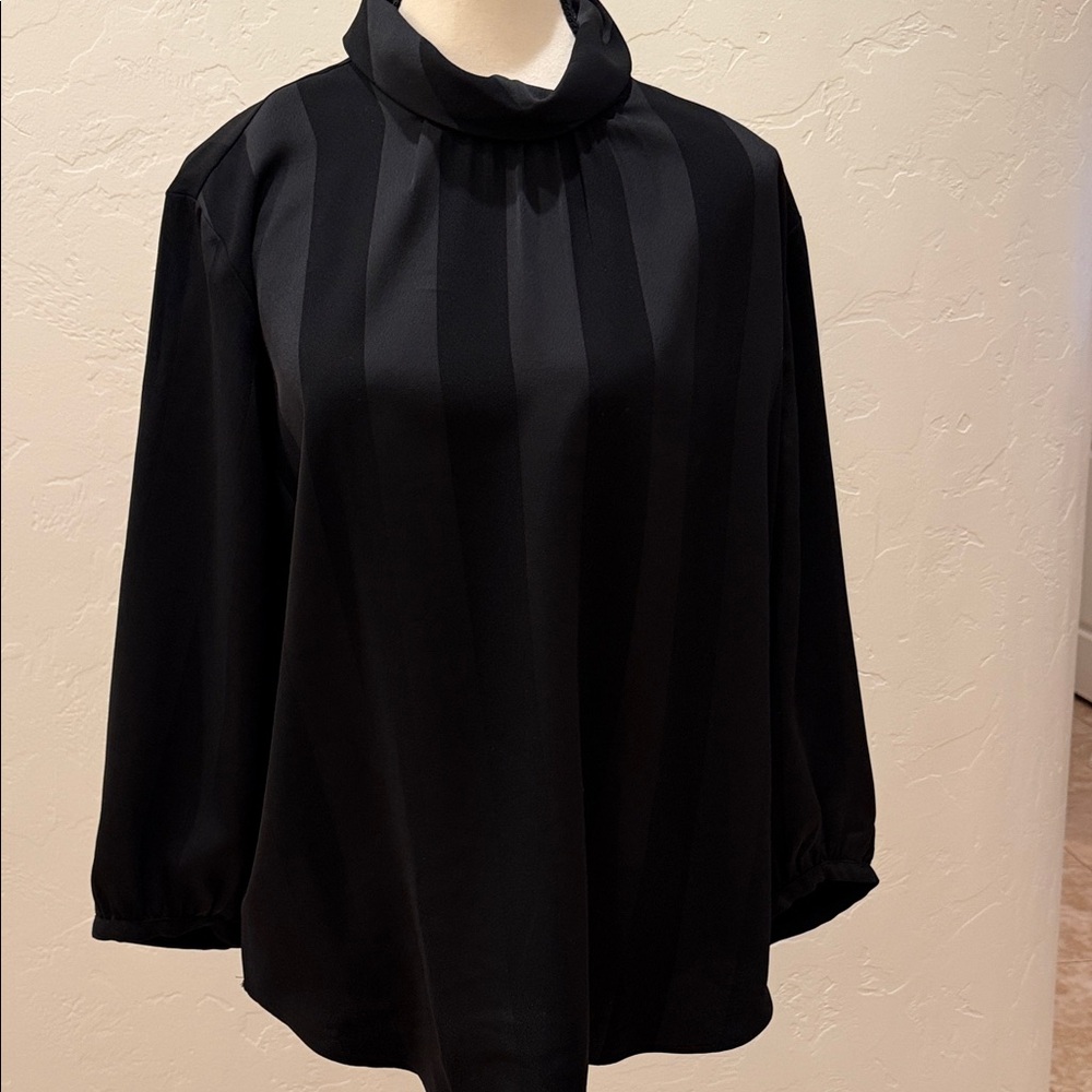 Ann Taylor Black Satin-Stripe Mock Neck Blouse